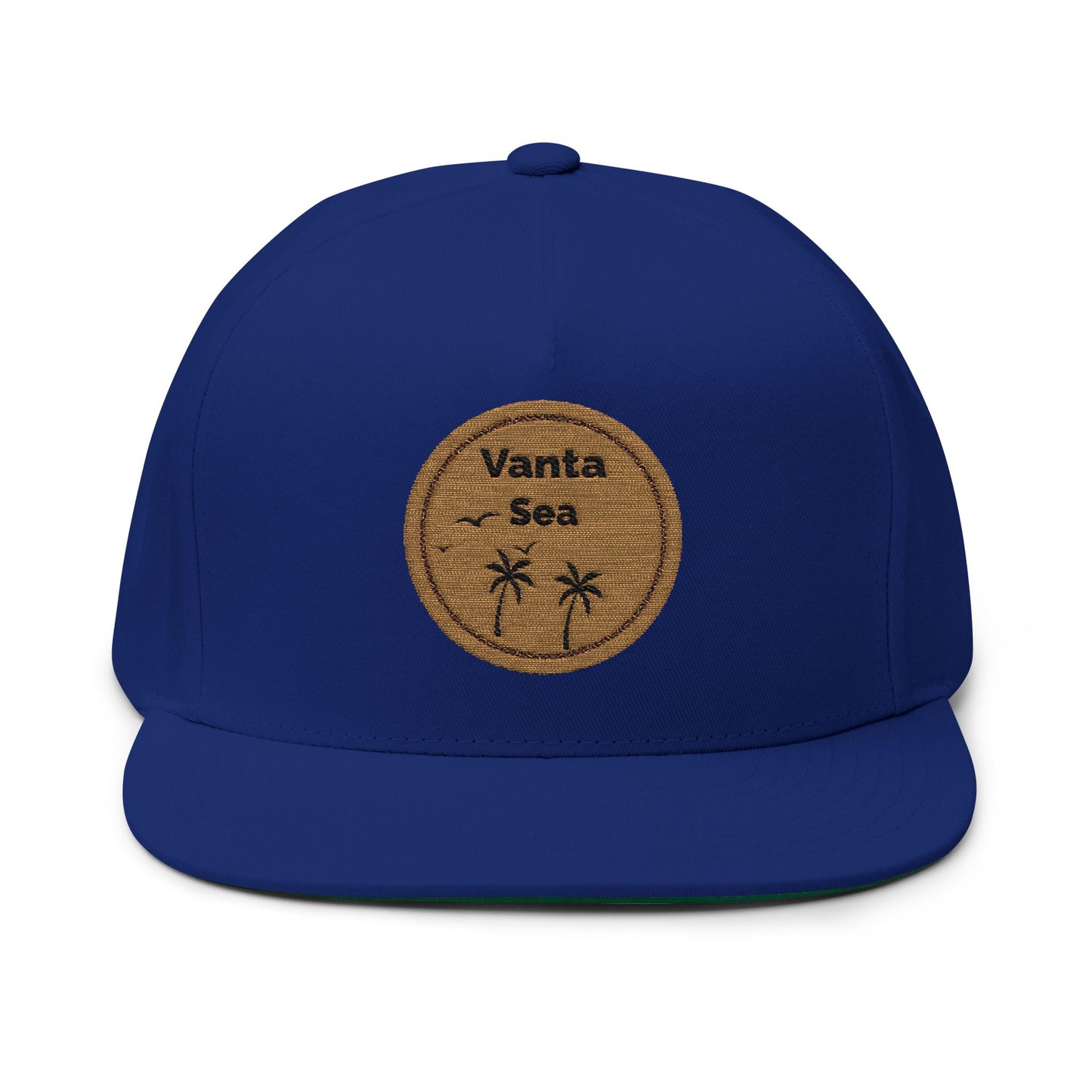 Vanta Sea Embroidered Flat Bill Cap — Palm Tree Cork Patch Snapback Hat