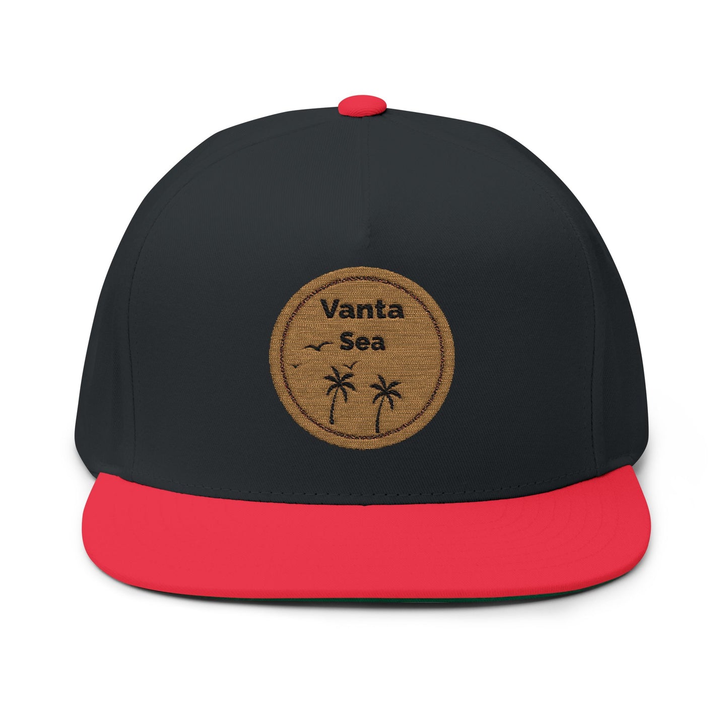 Vanta Sea Embroidered Flat Bill Cap — Palm Tree Cork Patch Snapback Hat