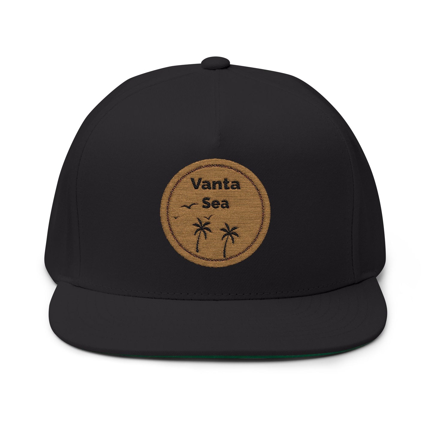 Vanta Sea Embroidered Flat Bill Cap — Palm Tree Cork Patch Snapback Hat