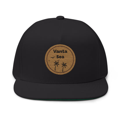 Vanta Sea Embroidered Flat Bill Cap — Palm Tree Cork Patch Snapback Hat
