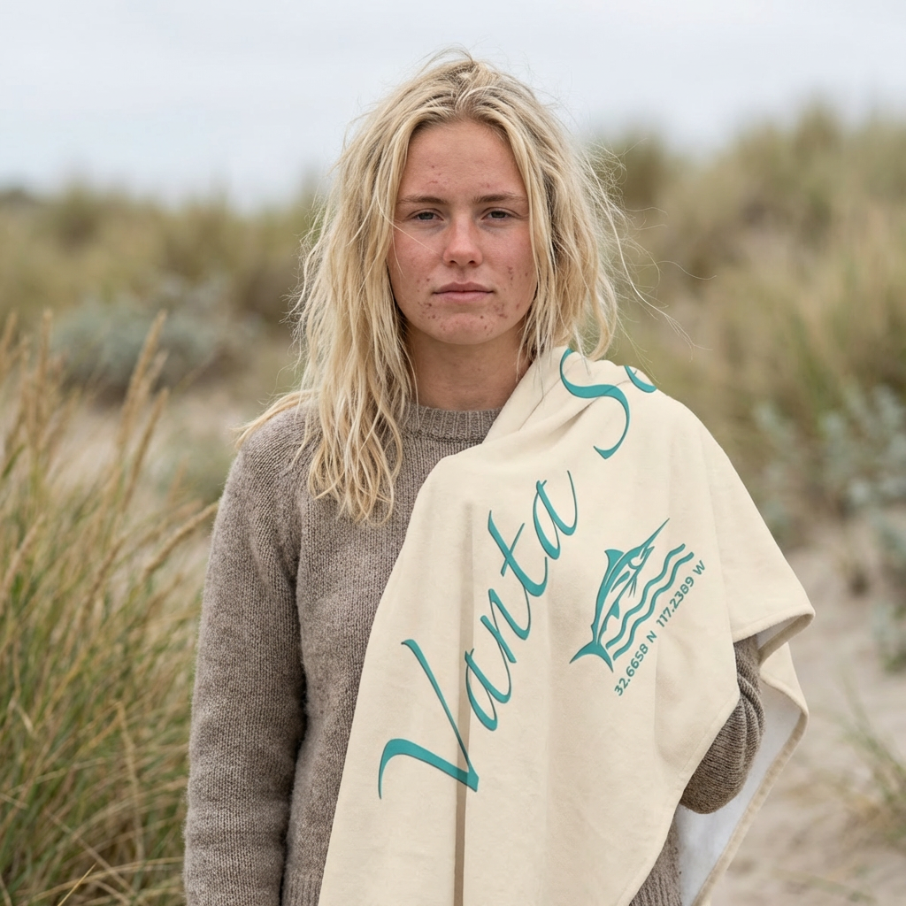 Vanta Sea Beach Towel – Coastal Script Design with Custom Logo
