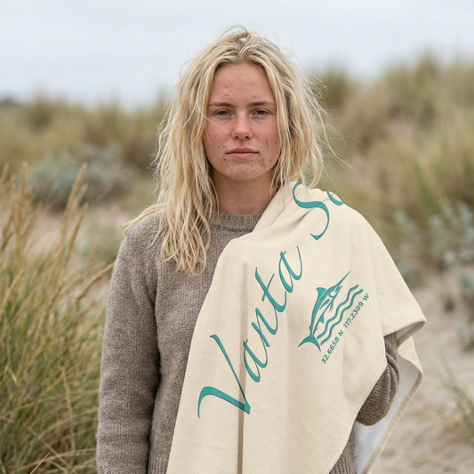 Vanta Sea Beach Towel – Coastal Script Design with Custom Logo