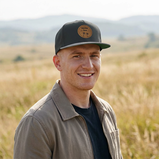 Vanta Sea Embroidered Flat Bill Cap — Palm Tree Cork Patch Snapback Hat