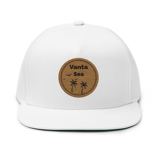 Vanta Sea Embroidered Flat Bill Cap — Palm Tree Cork Patch Snapback Hat