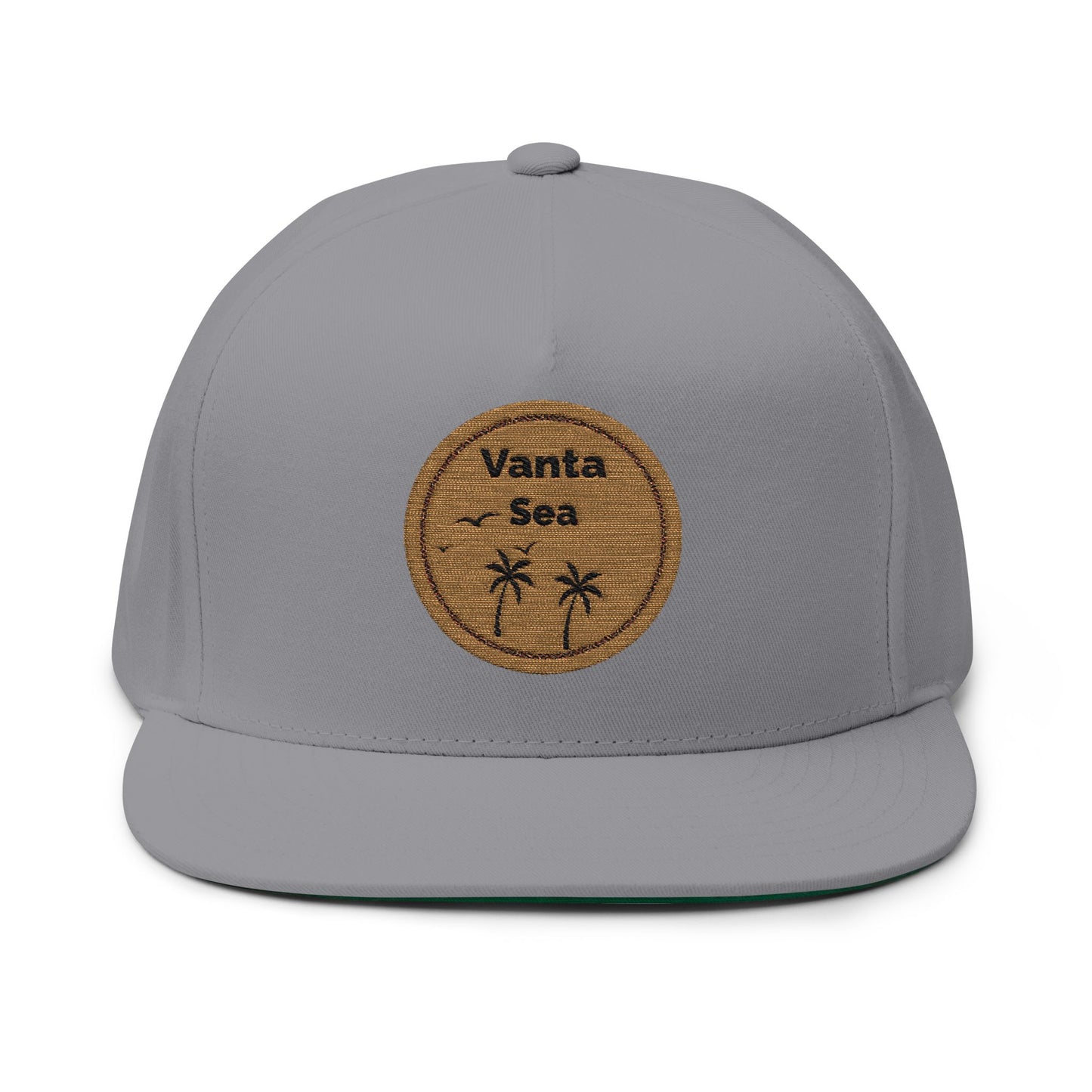 Vanta Sea Embroidered Flat Bill Cap — Palm Tree Cork Patch Snapback Hat