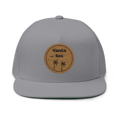Vanta Sea Embroidered Flat Bill Cap — Palm Tree Cork Patch Snapback Hat