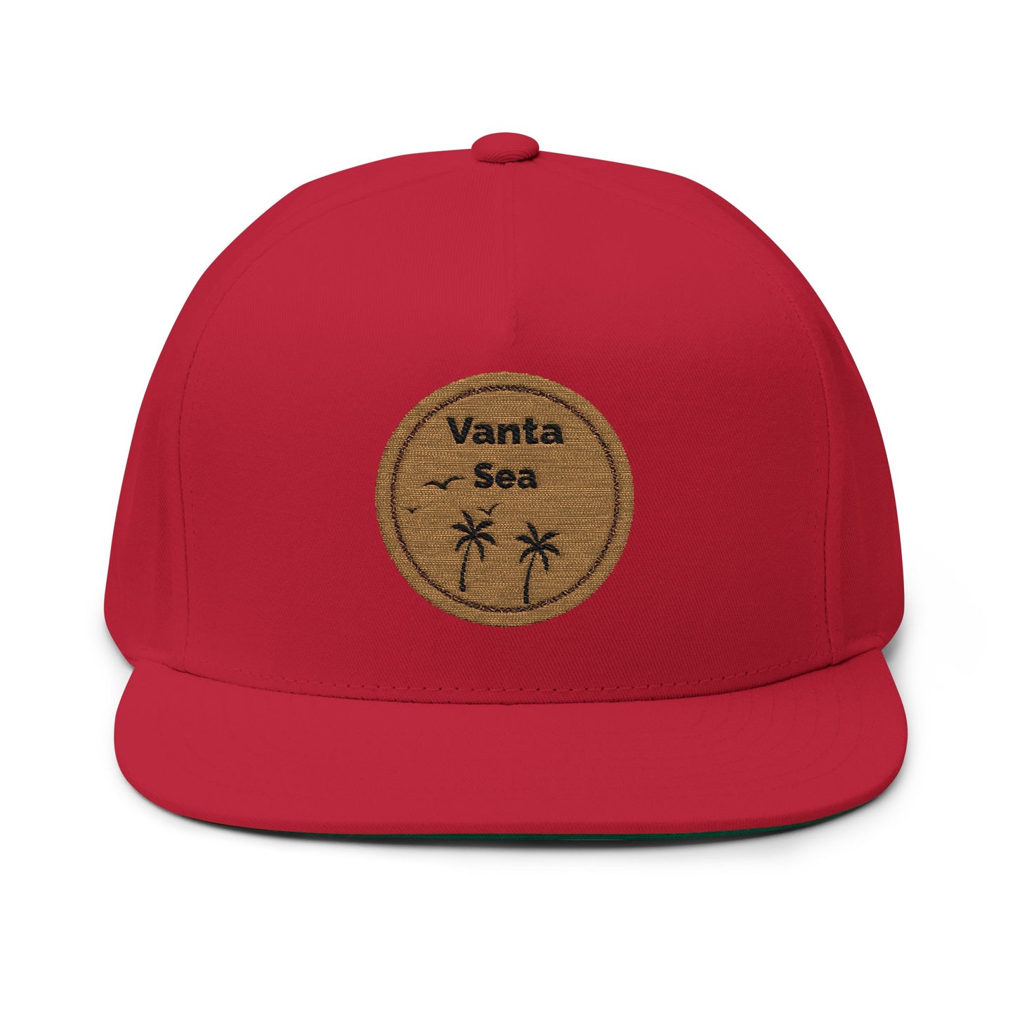 Vanta Sea Embroidered Flat Bill Cap — Palm Tree Cork Patch Snapback Hat
