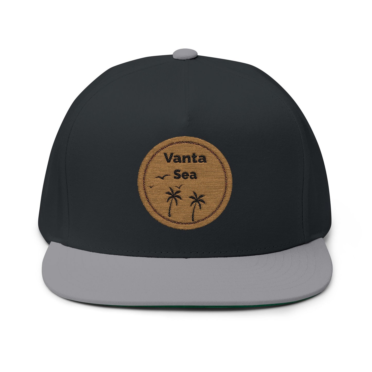 Vanta Sea Embroidered Flat Bill Cap — Palm Tree Cork Patch Snapback Hat